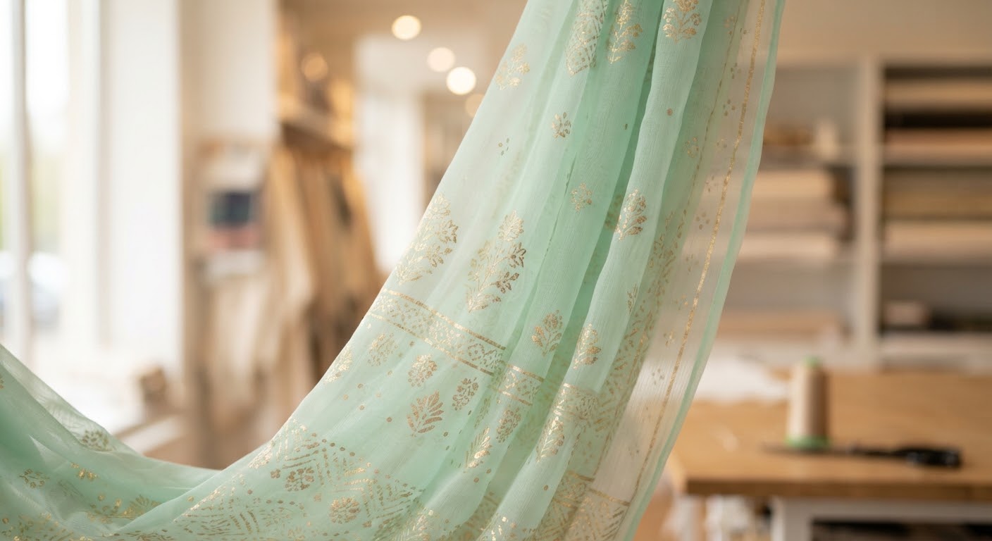 Block-Print Festive Chiffon — Mint Chiffon · Gold Block Print